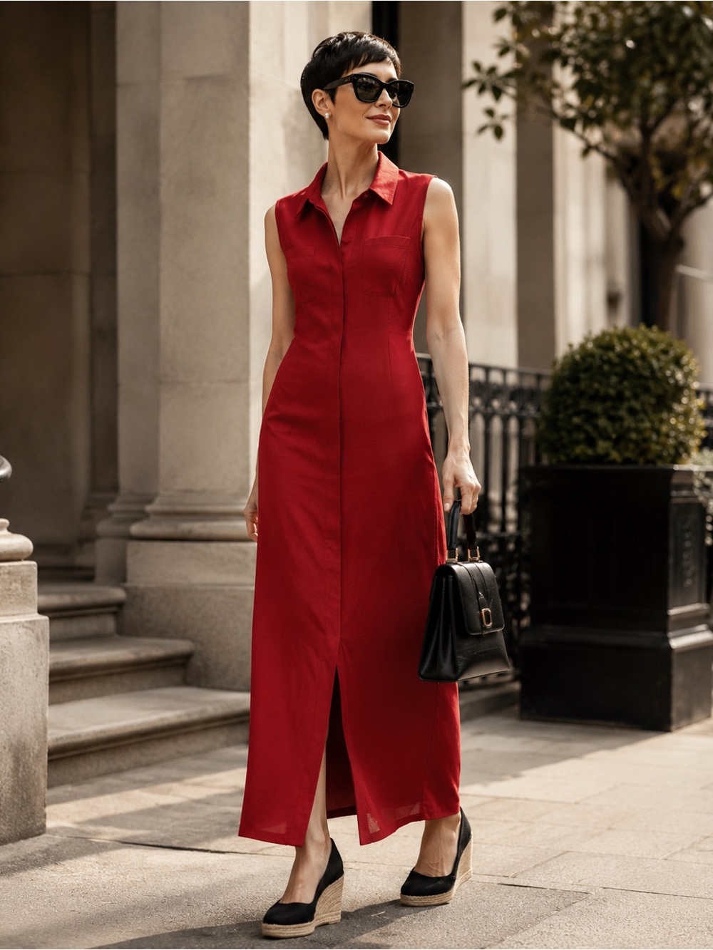 cleo Sleeveless Red Maxi Dress with Collared Neckline